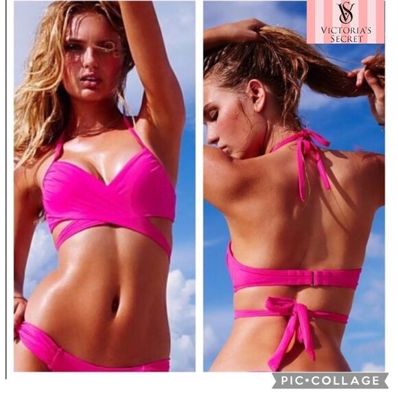 Victoria’s Secret The Wrap Halter Bikini Top Neon Lotus Pink Size 32DD/M/10 EUC - Picture 1 of 8